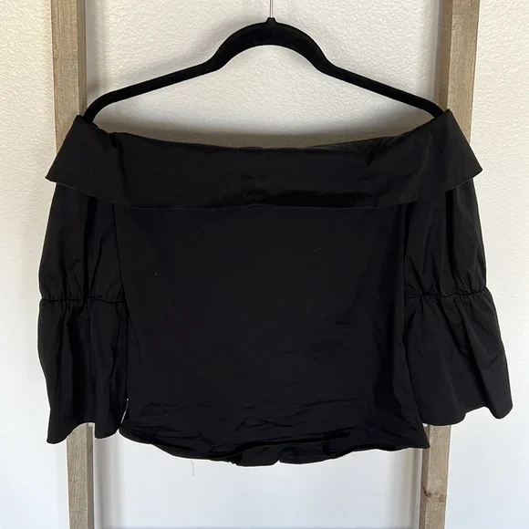Zara Off Shoulder Button Up 3/4 Sleeve Black Shirt Size M - Picture 7 of 11